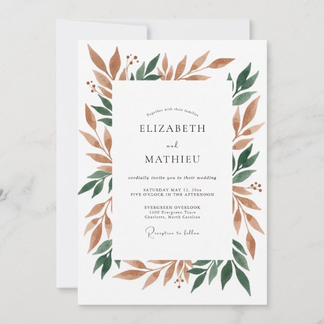 Invitation Mariage Cuivré Émeraude Feuillu (Devant)