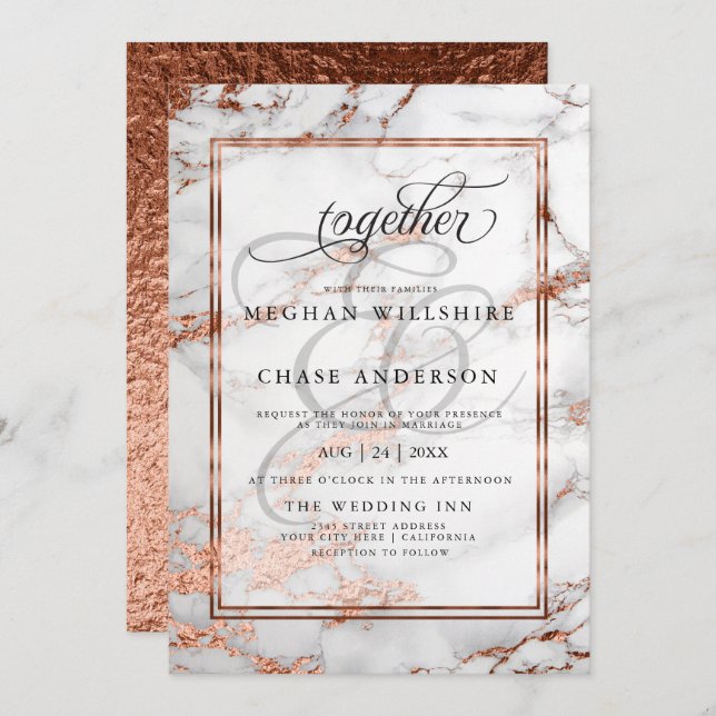 Invitation Mariage cuivre et marbre Élégance Bold (Devant / Derrière)