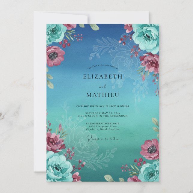 Invitation Mariage Cyan Magenta Ranunculus Eucalyptus (Devant)