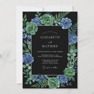 Invitation Mariage Cyan Ranunculus Eucalyptus Noir