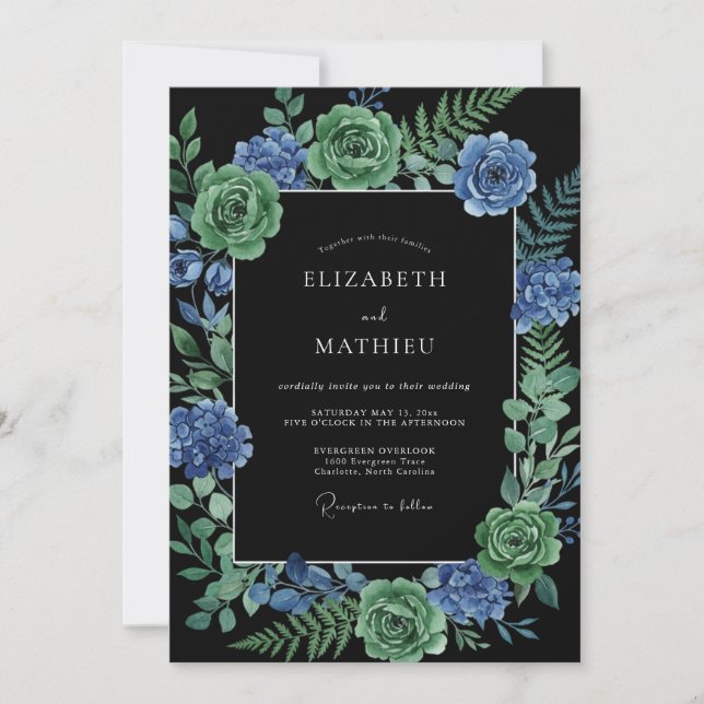Invitation Mariage Cyan Ranunculus Eucalyptus Noir (Devant)