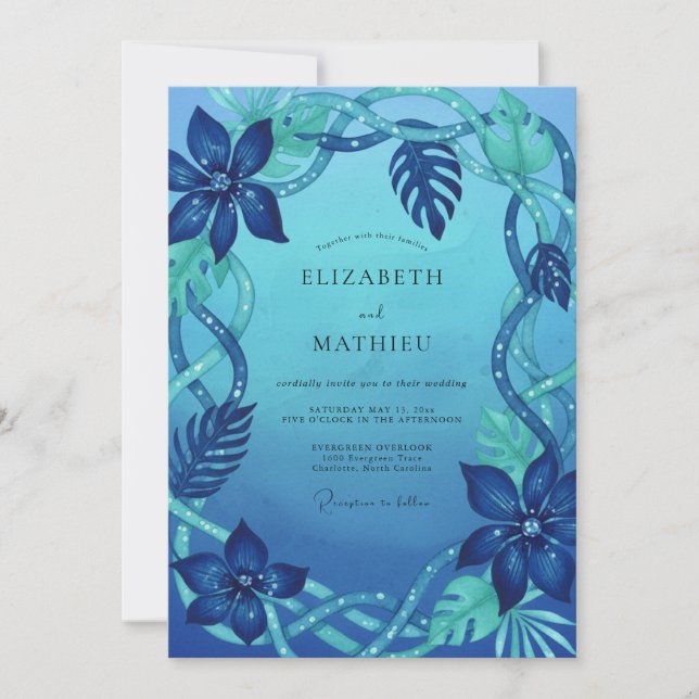 Invitation Mariage Cyan Tropical Monstera Eucalyptus (Devant)