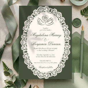 Invitation Mariage Cygne Élégant Vert Olive Dentelle Vintage