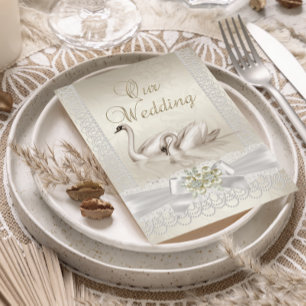 Invitation Mariage Cygnes blancs beige Broderie de perle Phot