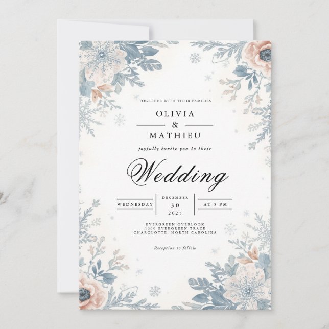 Invitation Mariage d'accents floral bleu foncé (Devant)