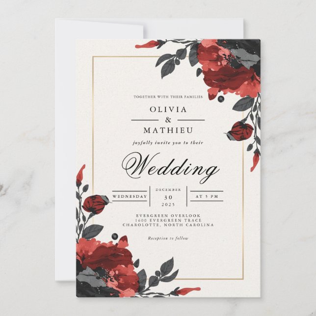 Invitation Mariage d'accents floraux rouges profonds (Devant)