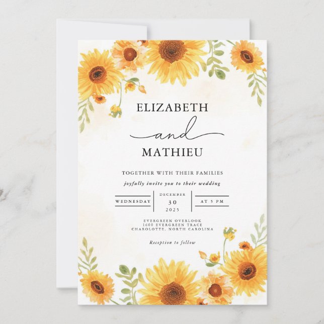 Invitation Mariage d'accentuation de la bordure du tournesol  (Devant)