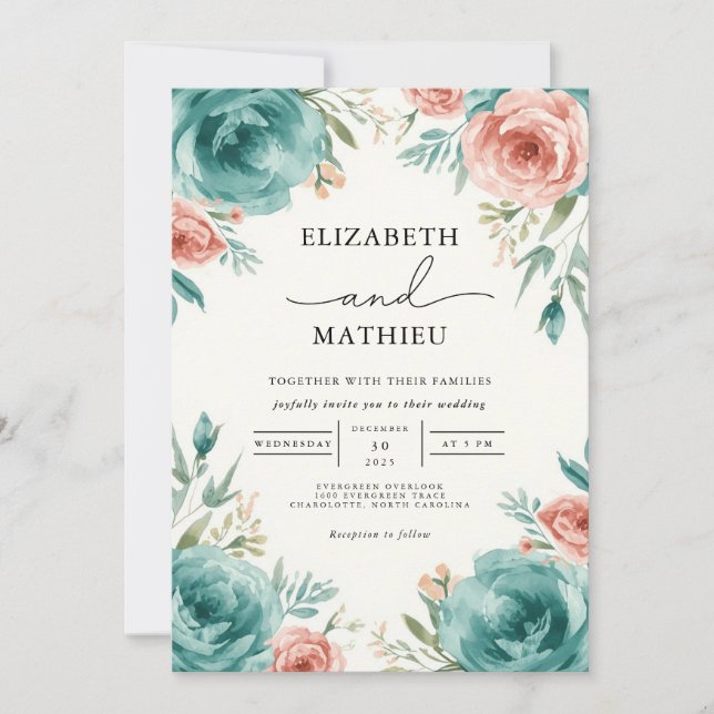 Invitation Mariage d'accentuation de la fleur Turquoise pouss (Devant)
