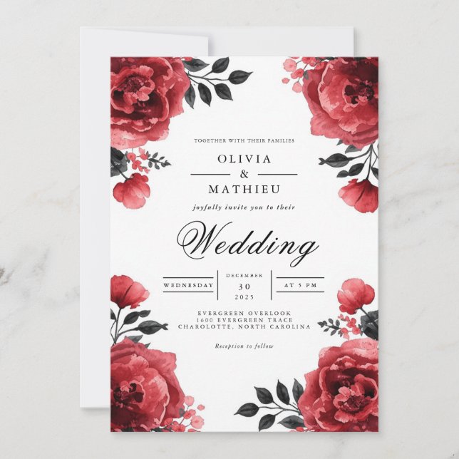 Invitation Mariage d'accentuation florale en fleur de Crimson (Devant)