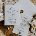 Invitation Mariage d'accueil QR tout en noir délicat<br><div class="desc">Cette délicate calligraphie noire, tout en un faire-part de mariage de réception QR, est parfaite pour un mariage moderne. Le design minimaliste romantique présente une belle et élégante typographie noire sur un arrière - plan blanc au look épuré et sobre. Enregistrez du papier en incluant les détails au verso du...</div>