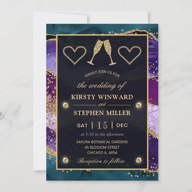 Invitation Mariage d'Agate Peacock turquoise, violet et or (Devant)
