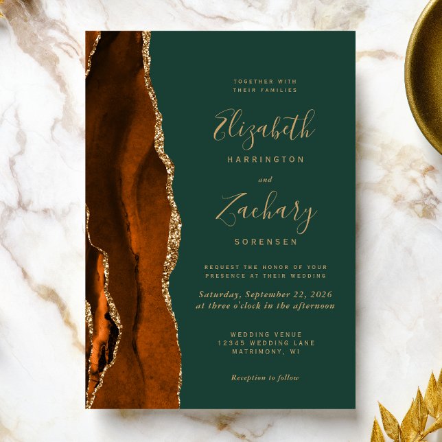 Invitation Mariage d'Agate vert émérite de rouille moderne (The perfect choice for a rust and emerald green themed wedding.)