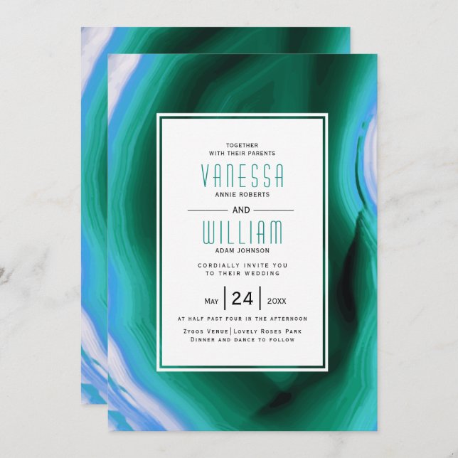 Invitation Mariage d'agate vert et bleu (Devant / Derrière)