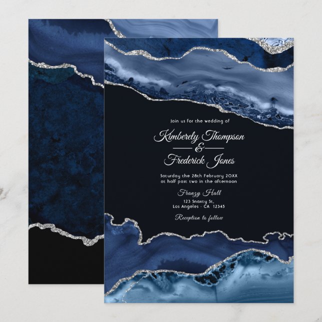 Invitation Mariage d'âge marine et argent (Devant / Derrière)