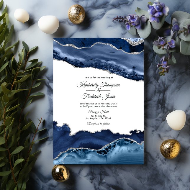 Invitation Mariage d'âge marine et argent (Navy and Silver Agate)