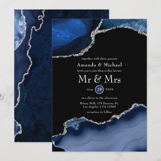 Invitation Mariage d'âge marine et argent (Devant / Derrière)