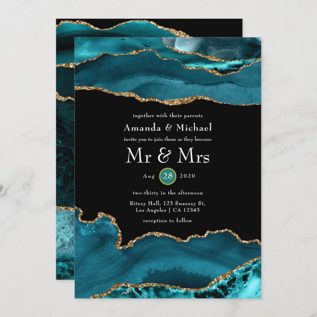Invitation Mariage d'âge turquoise et Gold (Devant / Derrière)