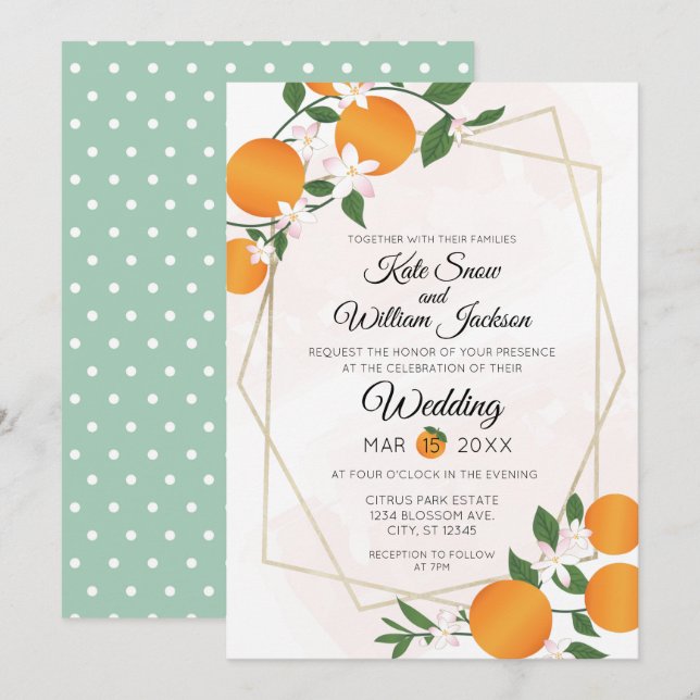 Invitation Mariage d'agrumes à fleurs orange (Devant / Derrière)