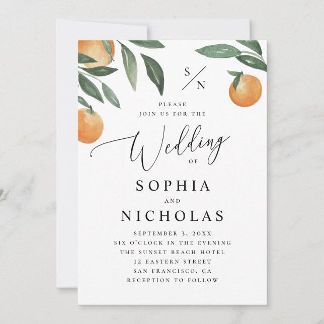 Invitation Mariage d'agrumes aquarelle. Orange floral d'été (Devant)