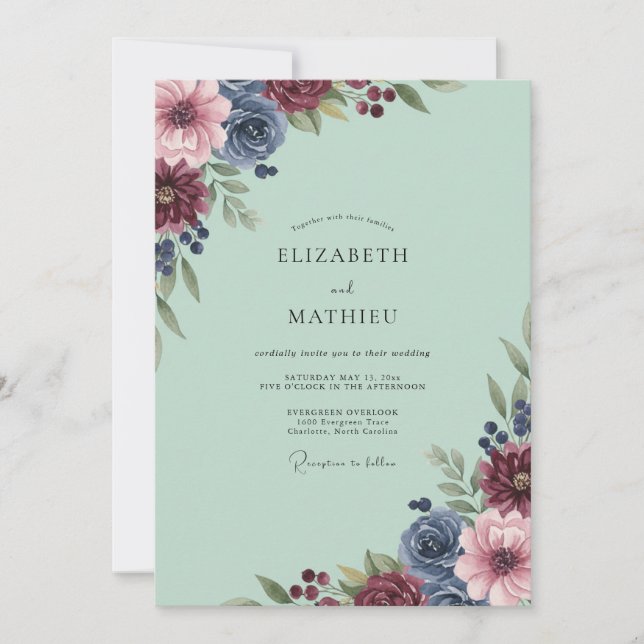 Invitation Mariage Dahlia Bourguignon Menthe (Devant)
