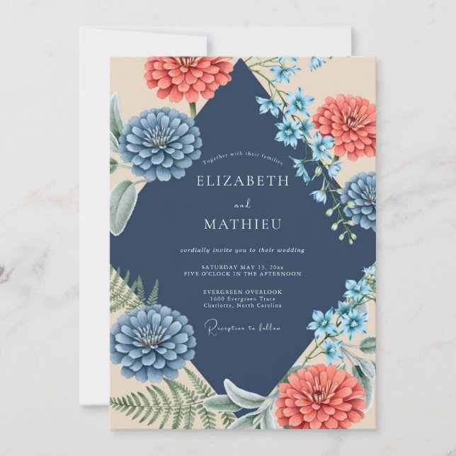 Invitation Mariage Dahlia Corail Indigo (Devant)