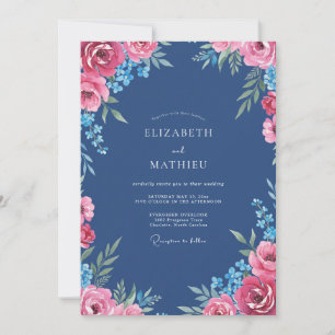 Invitation Mariage Dahlia Magenta Bleu Acier
