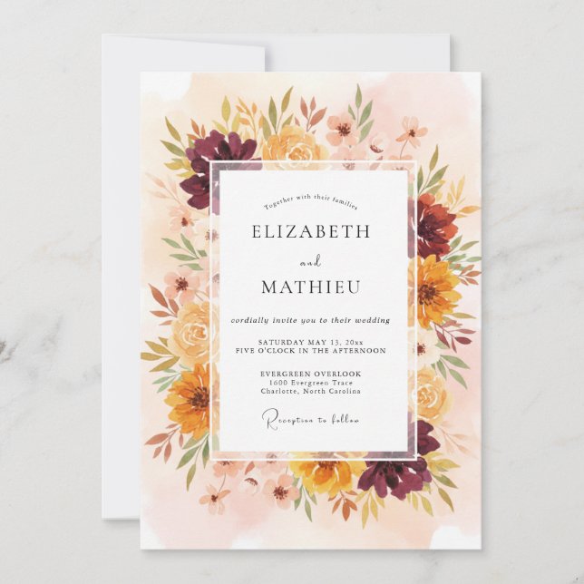 Invitation Mariage Dahlia Moutarde Bourgogne (Devant)