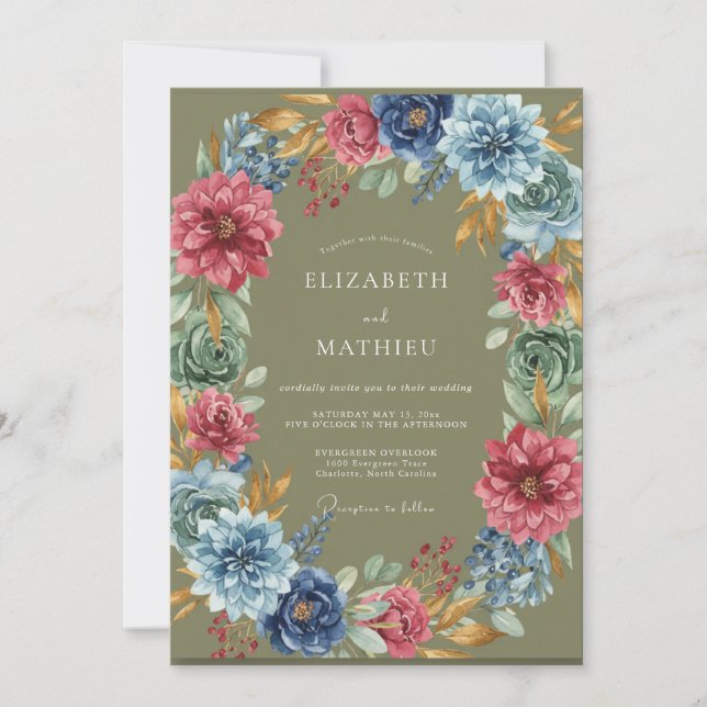 Invitation Mariage Dahlia Olive Magenta (Devant)