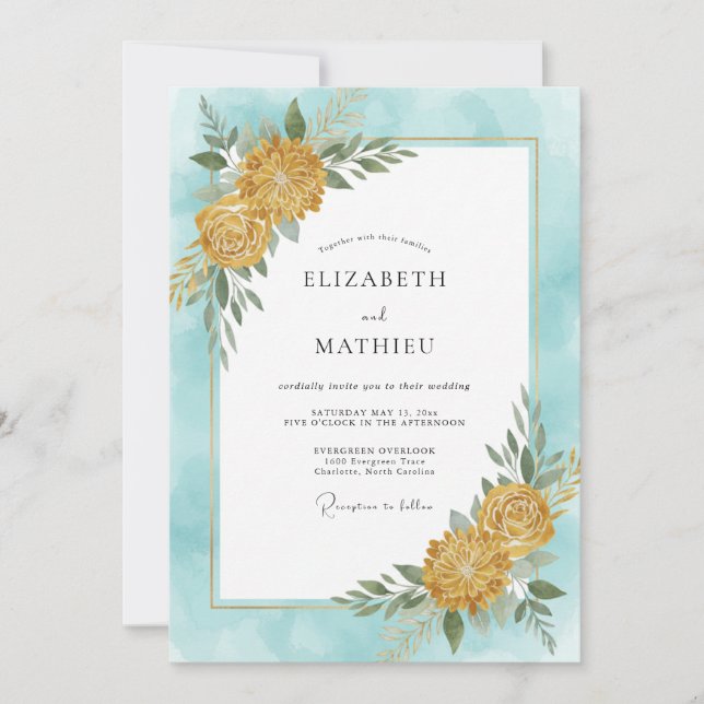 Invitation Mariage Dahlia Or Cyan (Devant)