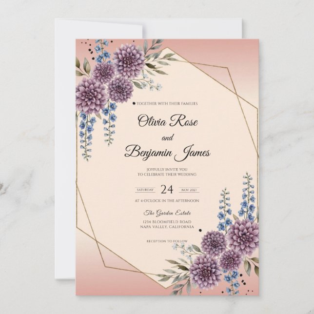Invitation Mariage Dahlia Violet Pêche (Devant)