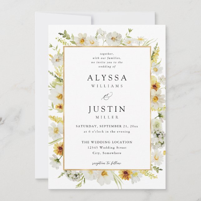 Invitation Mariage d'aile florale blanche et jaune (Devant)