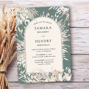 Invitation Mariage d'amande verte avec arche encadrée botaniq