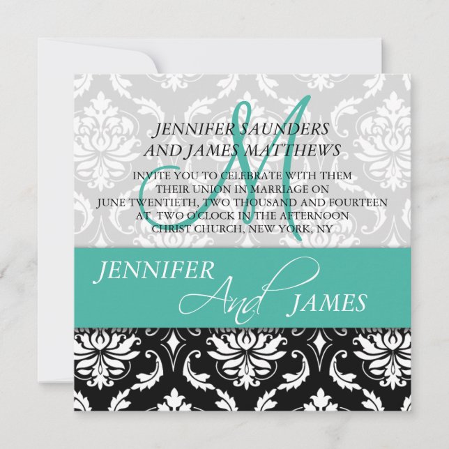 Invitation Mariage Damask Nom du monogramme Turquoise Invitat (Devant)