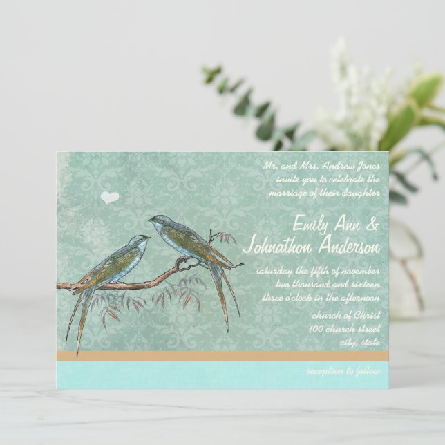 Invitation Mariage Damask oiseaux de l'amour Vert Menthe Vint (Debout devant)