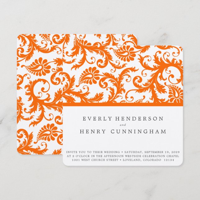 Invitation Mariage Damask Terracotta Corail Orange  (Devant / Derrière)