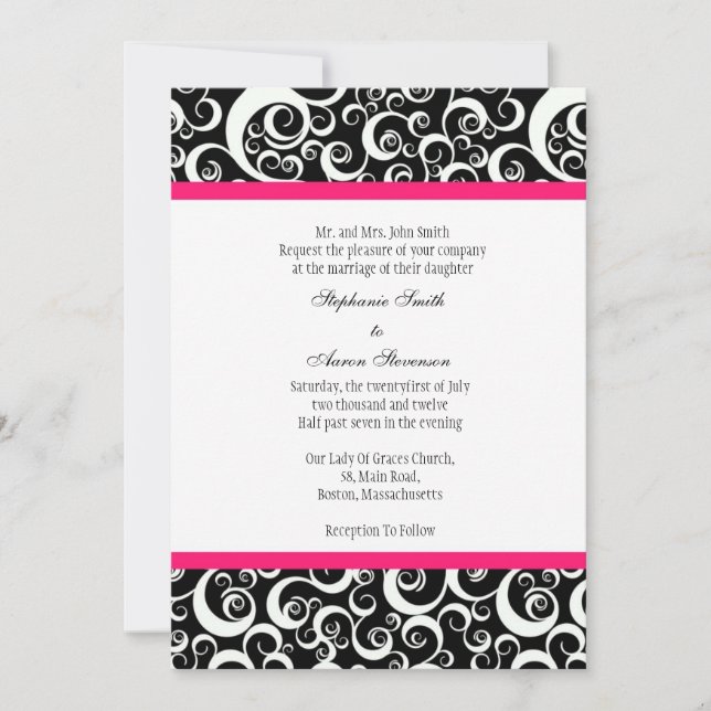 Invitation mariage damassé avec Hot Pink (Devant)