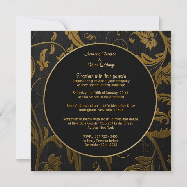 Invitation Mariage damassé Black et Gold - Carré (Devant)