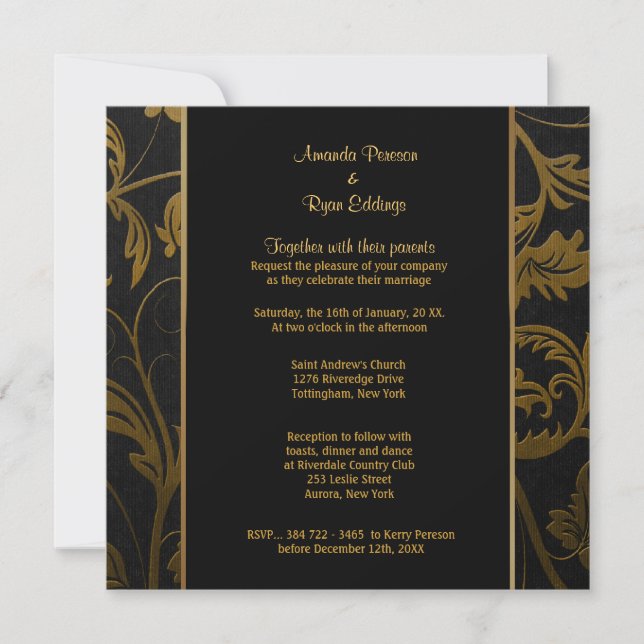 Invitation Mariage damassé Black et Gold - Carré (Devant)