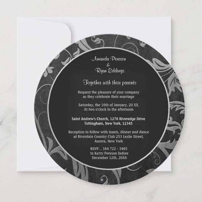 Invitation Mariage damassé Black et Silver Round (Devant)
