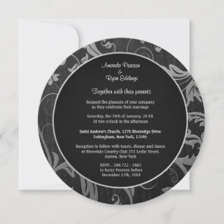 Invitation Mariage damassé Black et Silver Round