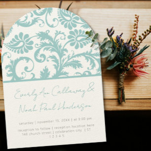 Invitation Mariage Damassé Bleu Aqua Vert Menthe Victorien
