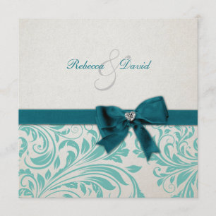 Invitation Mariage damassé bleu et blanc turquoise élégant