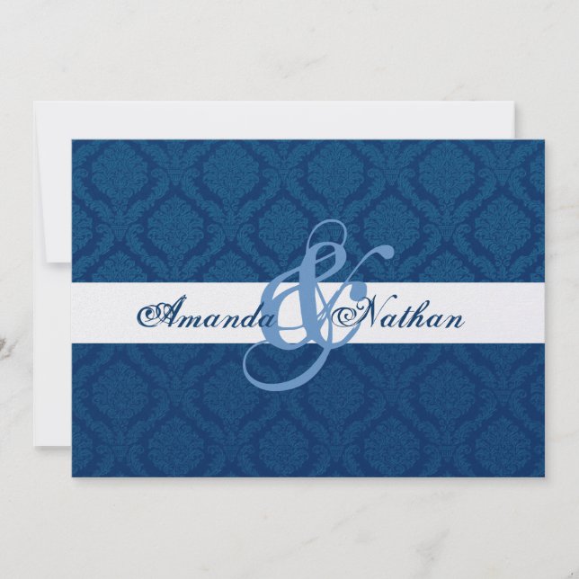 Invitation Mariage damassé bleu marine et blanc diamant (Devant)