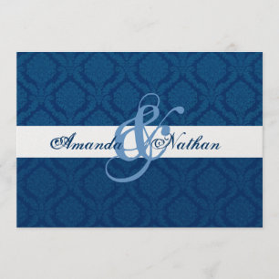 Invitation Mariage damassé bleu marine et blanc diamant