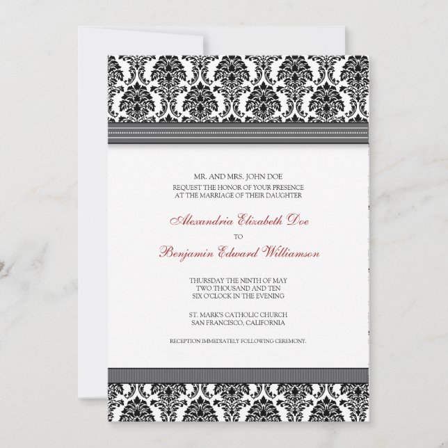 Invitation Mariage damassé classique (rubans gris) (Devant)