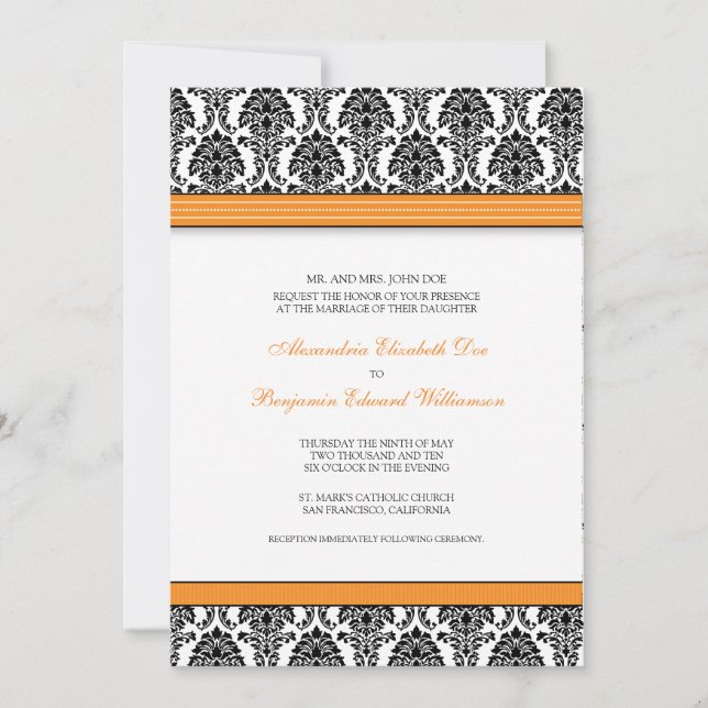 Invitation Mariage damassé classique (rubans orang (Devant)