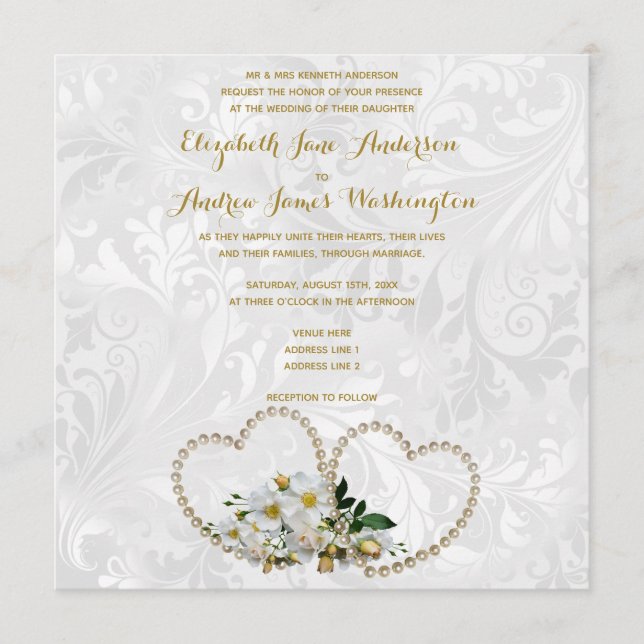Invitation Mariage Damassé Cœurs et Fleurs de Perle (Devant)