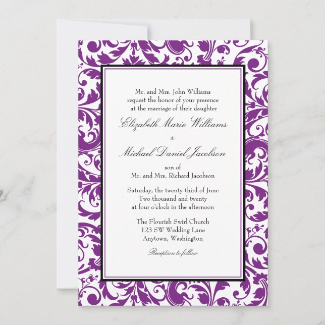 Invitation Mariage damassé de la vague violette et noire (Devant)