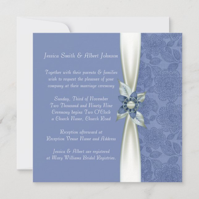 Invitation Mariage damassé de luxe Blue Flower (Devant)
