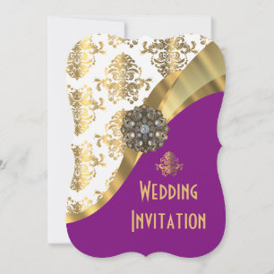 Invitation Mariage damassé de luxe violet foncé et or